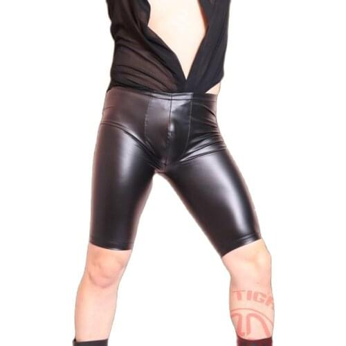Summer Mens Sports Beach Shorts Bathing Slips Stage Punk Show PU Faux Leather Middle Pants Leisure Breeches Bike Shorts Leggings