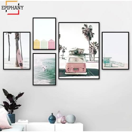 Surf Poster Set Pastel Beach Decor Pink Surfboard California Coastal Wall Art Paintings for Living Rooml Nordic Decoration Home