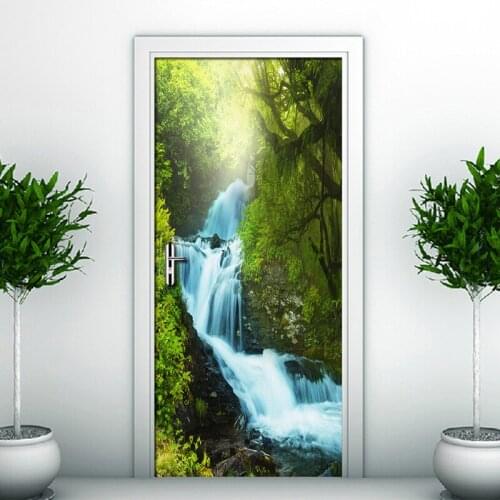 Forest Waterfall 3D DIY Door Sticker Modern Living Room Bedroom Bathroom Door Mural Wallpaper Waterproof Fresco Vinyl Wall Paper