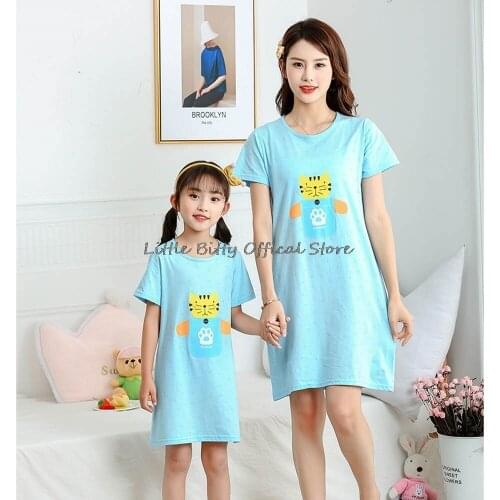 2-16T Teenage Girls Cotton Nightgown Mother Daughter Nightgowns Summer Night Dress for Girl Kids Pajamas Dress Girl Nightgown