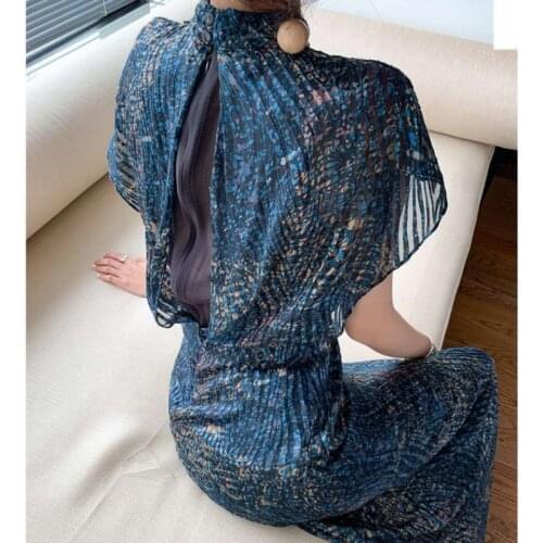 New Summer Print Dress Women Casual Butterfly Sleeve Ruffles Medium Long Chiffon Dress