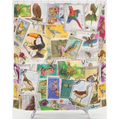 Postage Stamps Shower Curtain Colorful Birds Of The World Tropical Home