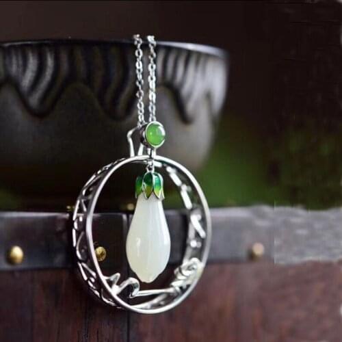 S925 Silver Chinese Hand-carved Hetian Jade Pendant Inlaid With White Magnolia Necklace Lucky Amulet Fine Jewelry Gift