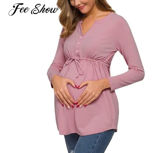 Casual Womens Pregnant Shirts Maternity Clothes Nursing Tops Breastfeeding T-Shirt Pregnancy Maternity Long Sleeve V Neck Blouse