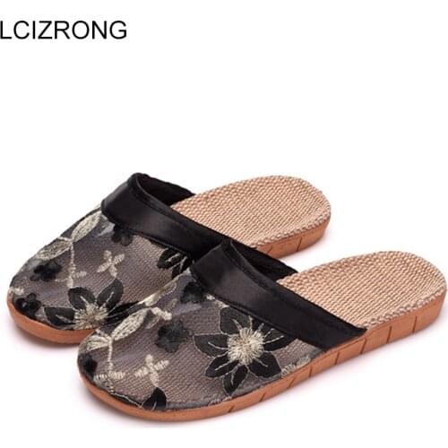 LCIZRONG New Home Hollow Embroidery Women Slippers Home Lace Breathable Linen Slippers Ladies Flower Outside Beach Shoes Slides