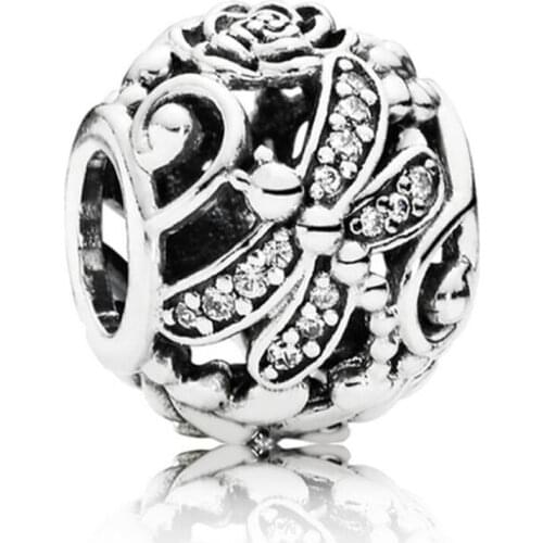 Dragonfly Meadow Charm for Women Bracelet Bangle Clear CZ Bead Authentic S925 Silver DIY Jewelry