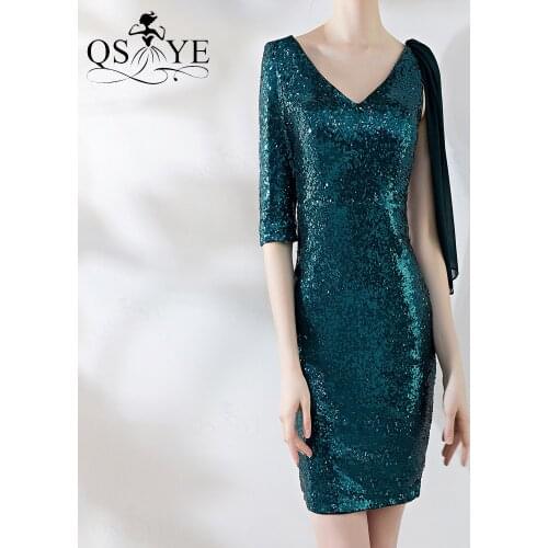 One Shoulder Ribbon Hunter Green Evening Dress V Neck Long Sleeves New Prom Gown Glitter Sheath Party Dress Sequin Formal Dress