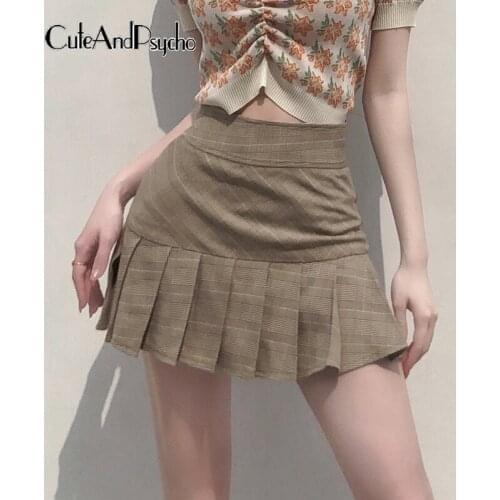 Korean Plaid Print Y2K Pleated Skirts Women Vintage High Waist Mini Skirts Fashion Summer Harajuku Khaki Outfits Cuteandpscho