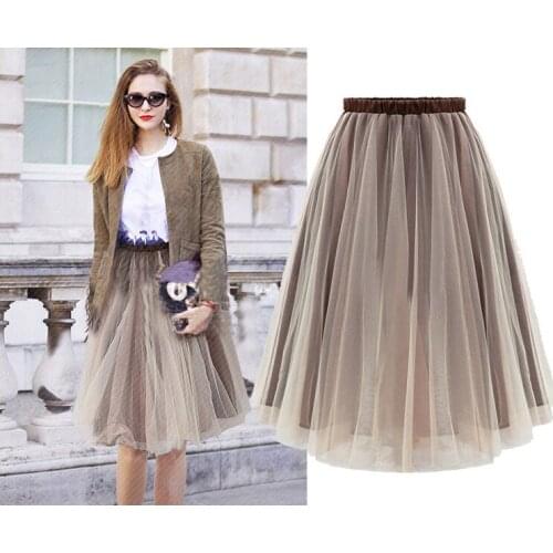 Womens Sexy Organza Mesh Skirts Fashion Ball Gown Skirts Fairy Style Elastic Waist Autumn Skirts Knee Length Girls' and Ladies