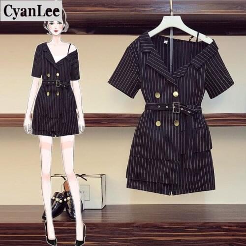 Plus size office ladies elegant two piece set for women irregular neck striped top and elastic waist shorts set with belt