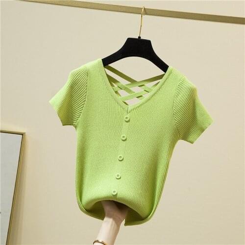 LJSXLS New Slim Knitted Short Sleeve Tops Summer High Elasticity Backless Womens Sweater Casual Button Pullovers Clothes Women