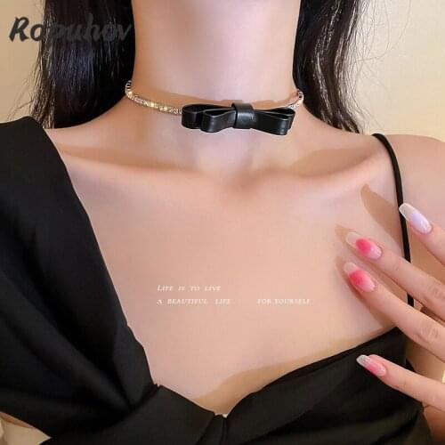 ROPUHOV 2021 Jewery Trendy Korean Diamond Black Leather Bow Choker Collar Advanced Minimalist Opening Necklace Flash Diamond