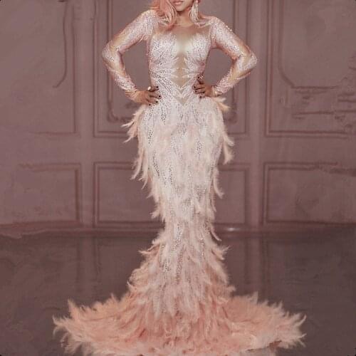 Pink Flowers See Through Long Dress 3D Pattern Mesh Stretch Birthday Party Dresses Women Singer Dance Performance Costume