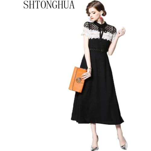 SHTONGHUA 2019 Spring Women Elegant Bow Dress Embroidery Lace Patchwork Chiffon Long Party Dress Short Sleeve Hollow Out dress