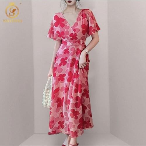 SMTHMA Vintage Chiffon Woman Dress Elegant Floral French V-Neck High Waist For Women Summer 2021 New Vestido