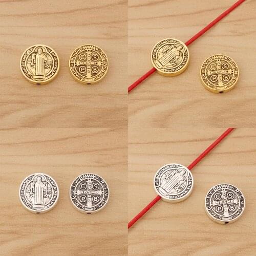 10 Pieces Tibetan Silver/Gold Saint Benedict Medal Crucifix Cross Spacer Beads for Necklace Bracelet Jewellery Making 15mm