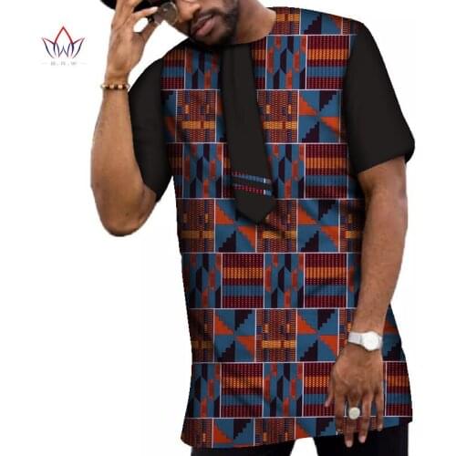 Bintarealwax Summer African Men Shirt with Small Tie African Clothing Dashiki Pachwork fabric Men Wedding Shirt WYN469