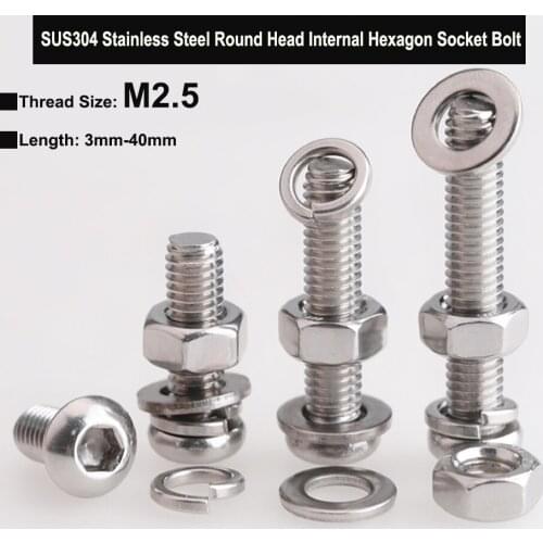 M2.5 Stainless Steel 304 Round Head Internal Hexagon Socket Bolt Three Combination Screw with Plain Washer Spring Washer and Nut