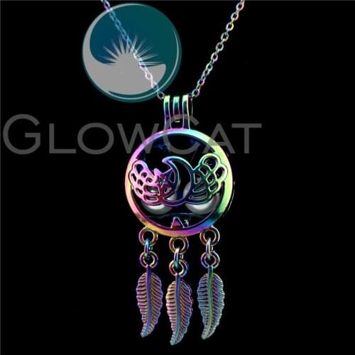 C760 Rainbow Dream Catcher Moon Wings Beads Cage Essential Oil Diffuser Aromatherapy Pearl Cage Locket Necklace Kids Girl