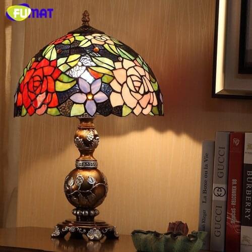 FUMAT Eruopean Art Living Room Bed Room Bedside Table Lamps Vintage Creative Garden Dimmer Tiffany Stained Glass Table Lights