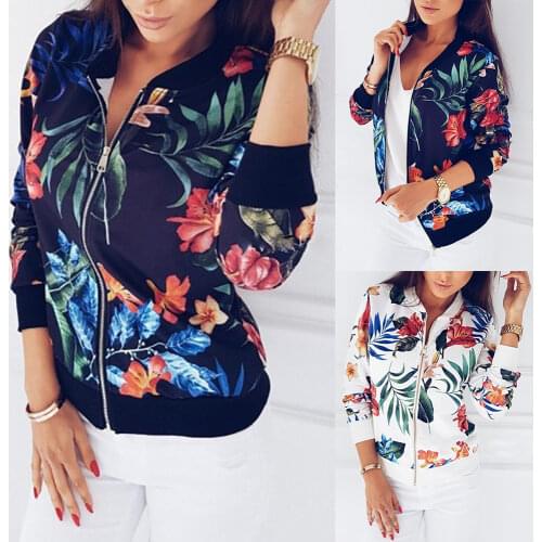 Women Fashion Floral Print Bomber Jacket Autumn Vintage Long Sleeve Zipper Pocket Jacket Female Slim Plus Size Biker Jackets