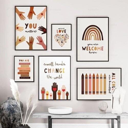 Powerful Love Hands Prints Poster Human Equality Kids Wall Art Diversity Friendship Canvas Painting Brush Classroom Nordic Decor