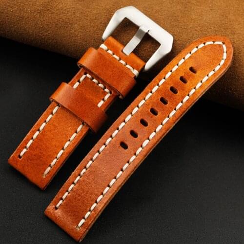 Folded raw leather Watchband 20 22 24 26MM Orange for PAM mens thick calfskin strap