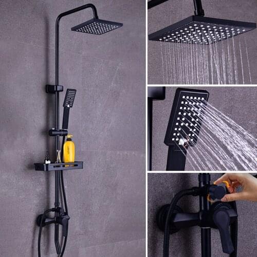 Bathroom Thermostatic Faucet Set with Storage Shelf Rainfall Shower Faucet Hot And Cold Shower Systems Mixer 3-way Sprayer Tap