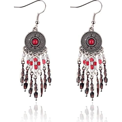2020 New Womens Ethinic Silver Color Alloy Tassel Red Dangle Earrings Bohemia Leaves Summer Drop Earrings Oorbellen
