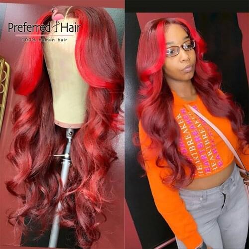 Preferred Red Blonde Highlight Human Hair Wig Brazilia Remy 99j 13x4 Lace Front Wig Pre Plucked Transparent Lace Wigs for Women