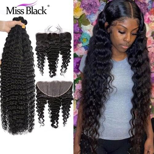 Miss Black Deep Wave Bundles With Frontal Closure Brazilian Human Hair Extension 3 4 Bundles Curly Water Wave For Black Women