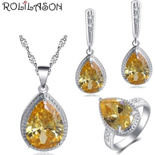 ROLILASON Hot Sell Set Water Drop Design yellow Zircon For girl party gift Earrings Necklace Rings Jewelry Sets JS739