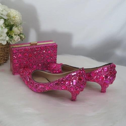 Pink Crystal Bride Wedding Shoes Women Banquet Dress Shoes with Bag Female Party Pointed Toe High Heels Ladies Thin Heels 7/9cm