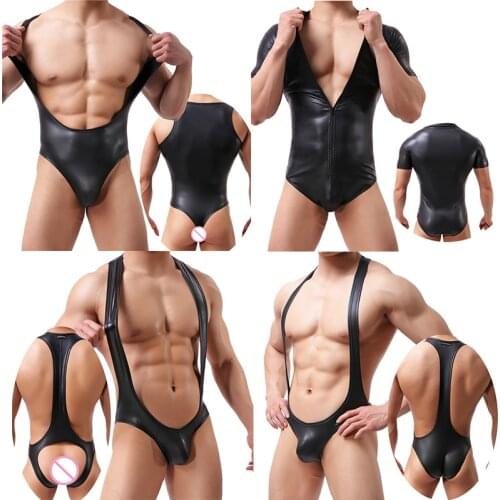 Sexy Gay Bodysuits Faux Leather Leotard Latex Jumpsuits Penis Pouch Undershirts Wrestling Singlet Wetlook Open Butt Sex Catsuit