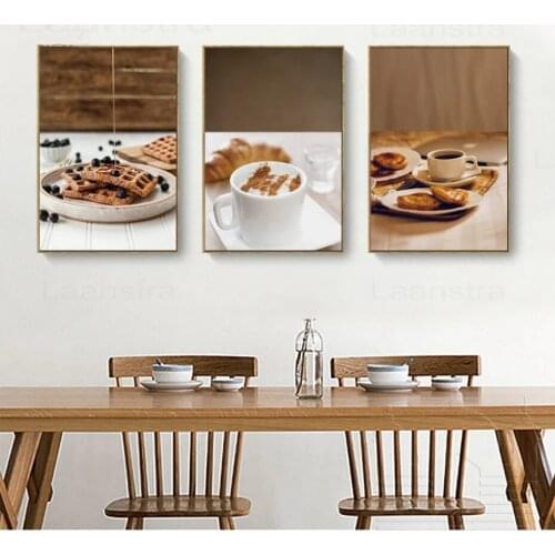 Modern Posters and Prints Food Drink Canvas Painting Waffle Coffee Blueberry Wall Art Home Decor Wall Pictures for Dining Room