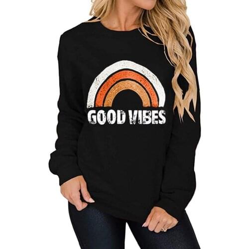 Good Vibes Letter Pattern Sweatshirt Autumn Woman Rainbow Cute O-neck Pullover tops Loose Oversize Female Long Sleeve Clothes