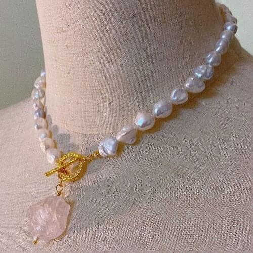 Women natural freshwater pearl necklace with pink crystal original stone pendant jewelry