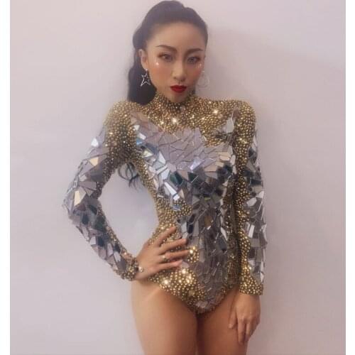 Women New Sexy Sparkly Gold Rhinestones Mirrors Shining Bodysuit Birthday Celebrate Outfit DJ Singer Show Dance Stretch Outfit