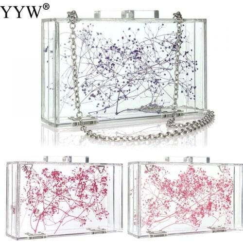 Women Luxury Evening Bags Wedding Party Pearl Flower Handbag Crossbody Clear Hard Box Clutch Transparent Chain Women Clutch Bag