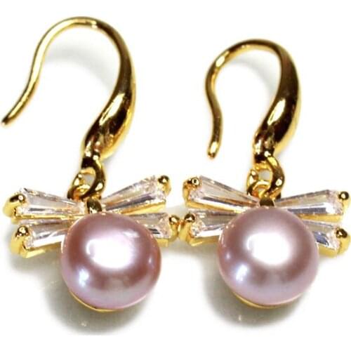 Natural Pink Purple White Freshwater Pearl Earrings Bowknot Shape Plated Gold Inlaid Rhinestone Fashion Jewelry for Women