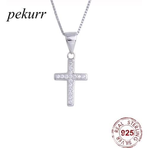 Pekurr 925 Sterling Silver Classic Big Zircon Cross Female Pendants Necklaces For Women Long Chain Collar Christ Fashion Jewelry