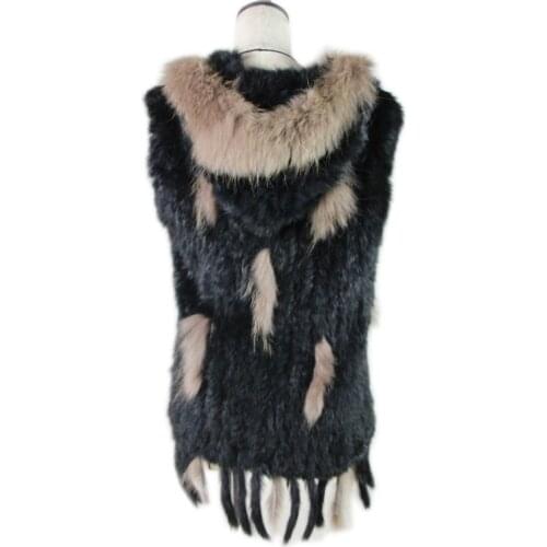 Fashion rabbit fur vest raccoon fur trimming knitted rabbit fur vest with hood fur waistcoat gilet