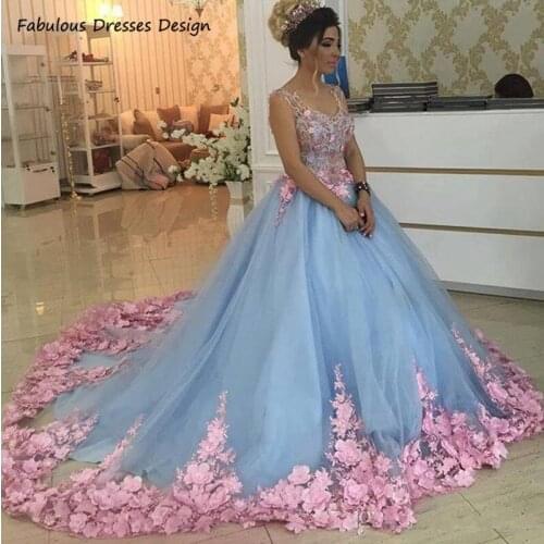 2021 Pink Appliques Quinceanera Dresses Light Blue A-line Scoop Neck Court Train платье Evening Dress Puffy Masquerade Ball Gown
