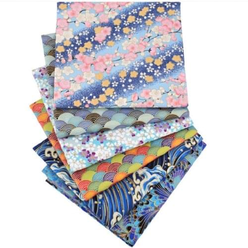 6Pcs Muti-Size Blue Japanese Style Bronzing Printed Cotton Fabric Patchwork Handmade Sewing Clothing Garment Accessories Decor