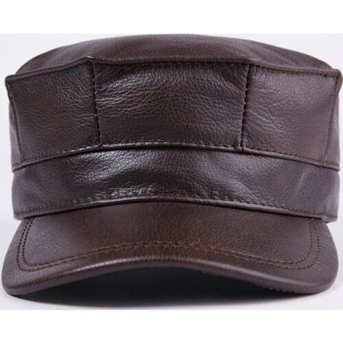 New 100% Genuine Leather Hat Mens Baseball Cap Adult Winter Warm Leather Cap Adjustable Ear Peaked Cap New Year Gift B-7202