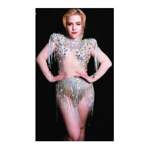 Shining Big Crystals Mesh Sexy Bodysuit Sparkly Rhinestones Chains Fringes Outfit Nightclub Party Wear See Through Costume