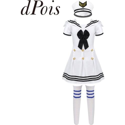 3Pcs Kids Girls Sailor Uniforms Outfit Short Sleeve Dress Hat Socks Set Stage Childrens Performance Dancewear Girl Dance Costume