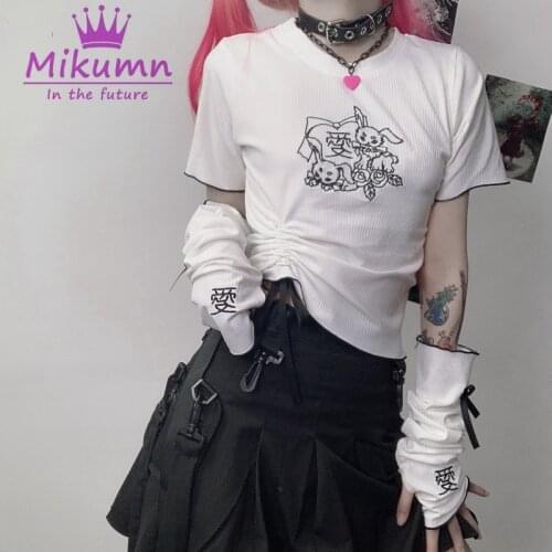 Harajuku Cartoon Embroidery T Shirts Summer Women O-Neck Short Sleeve With Bow Gloves Drawstring Casual Tops Tee Female