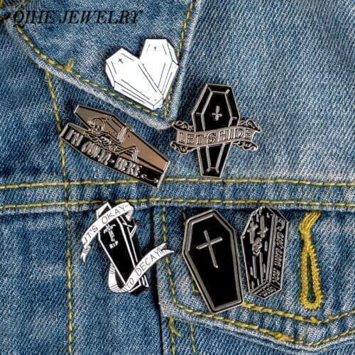 QIHE JEWELRY Coffin Pins Collection Skeleton Skull Coffin Enamel Pins Dark Punk Badges Halloween Jewelry Brooches for Men Women