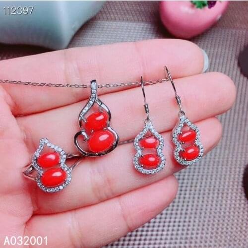 KJJEAXCMY fine jewelry natural red coral 925 sterling silver women gemstone pendant earrings ring set support test elegant